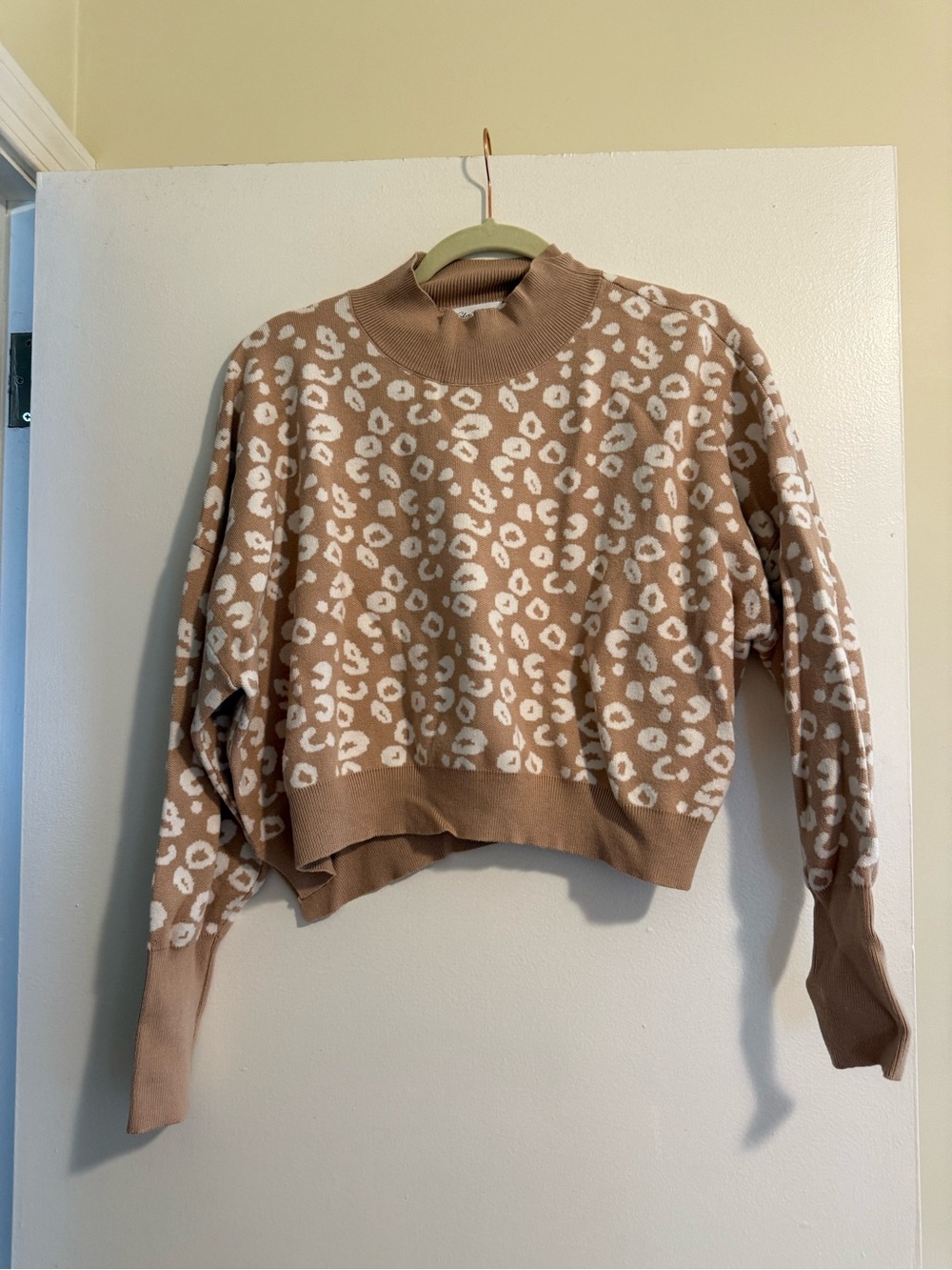 Women’s Tan and Cream Leopard Print Mock Neck Crop Sweater